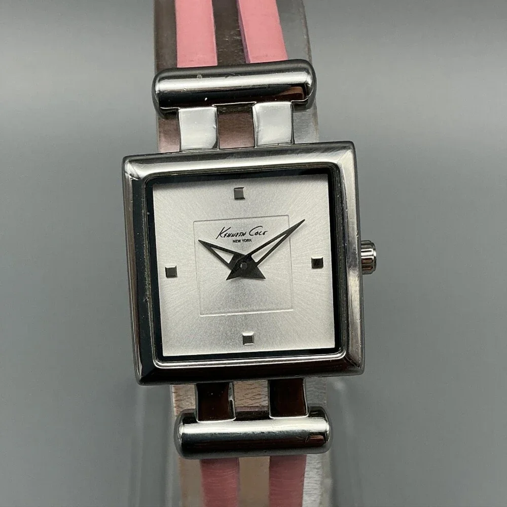 Kenneth Cole Womens Watch 20mm Silver Dial Pink Leather Square New Battery